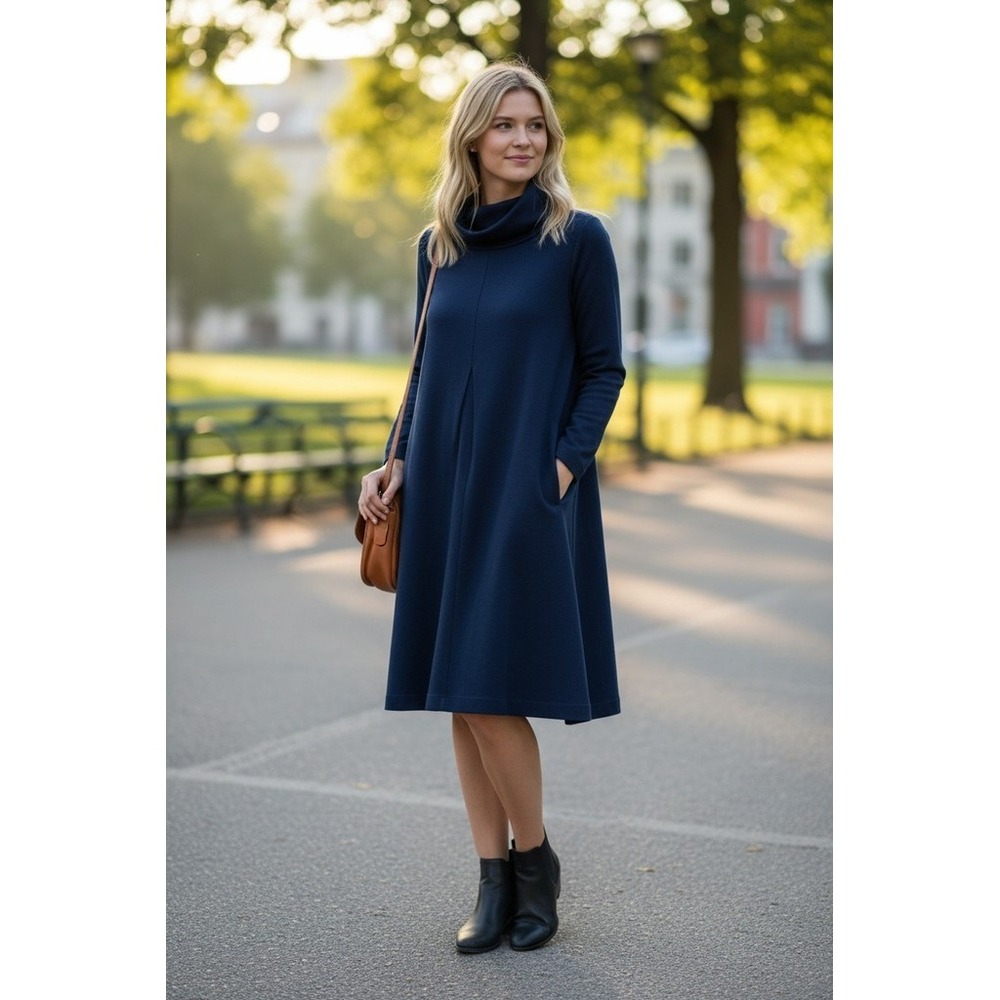 Tyler Boe Sweater Dress cashmere Womens Sz M‎ Blue Cowl Neck Long Sleeve Pockets